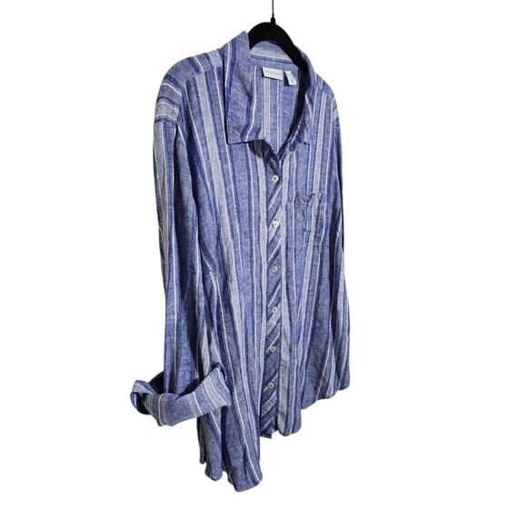 Susan Graver Linen blend Button Down Blue and White Striped Shirt‎ L - Picture 5 of 7